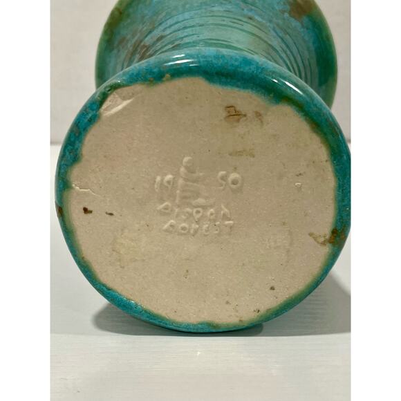 Pisgah Forest Pottery 1950's Trumpet 6.75" Tall Turquoise Gold Vase with Pink - Picture 6 of 14